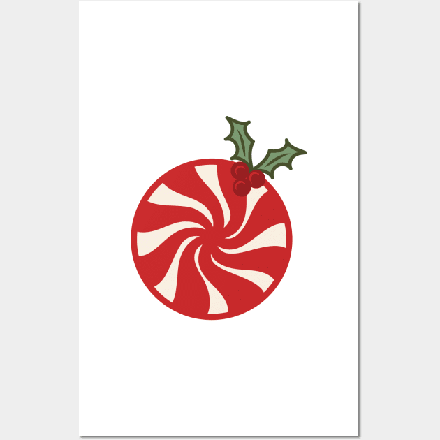 Retro Christmas Red Peppermint Candy Holly Berry Vintage Aesthetic Pattern Wall Art by retroyule